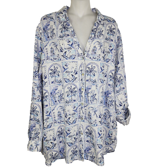 C & C California Linen Shirt Palm Trees Flamingo XL Blue White Coastal Resort - Picture 1 of 11